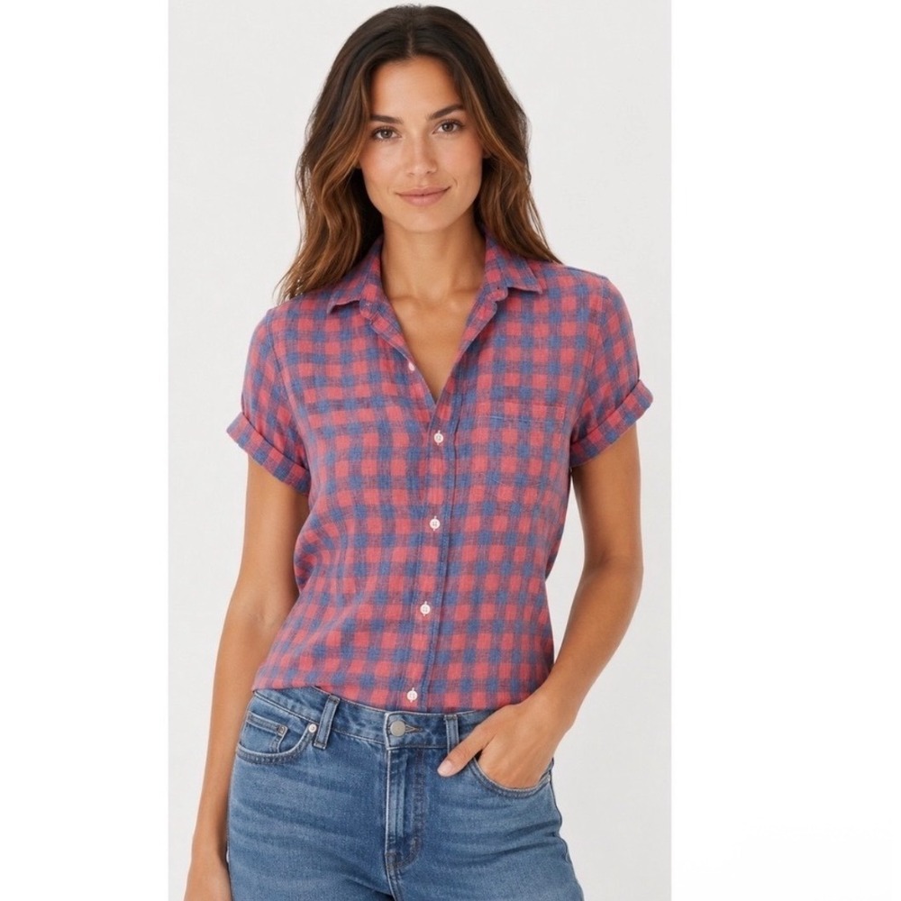 Frank & Eileen linen short-sleeve plaid button-up shirt Size Small